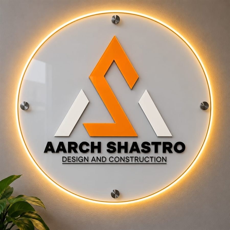 Acrylic logo sign for Aarch Shastro Design and Construction, orange and white 3D logo on a gold-rimmed backlit disc