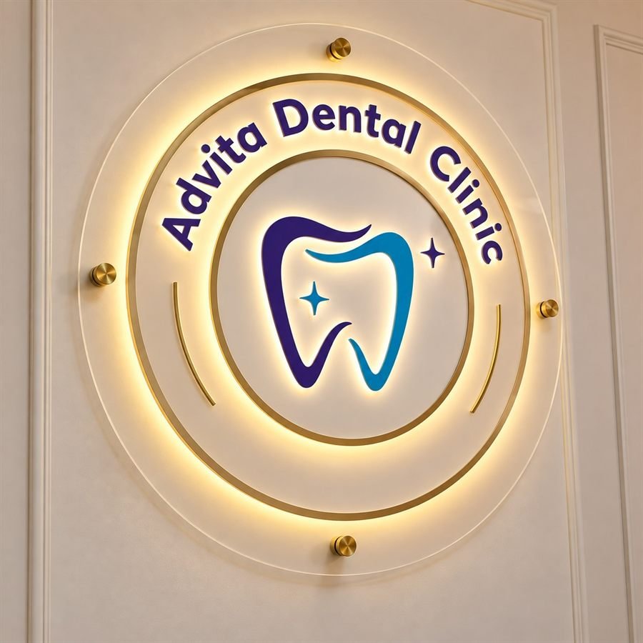 Reception signage for Advita Dental Clinic, twin gold mirror rings on frosted acrylic with warm LED halo