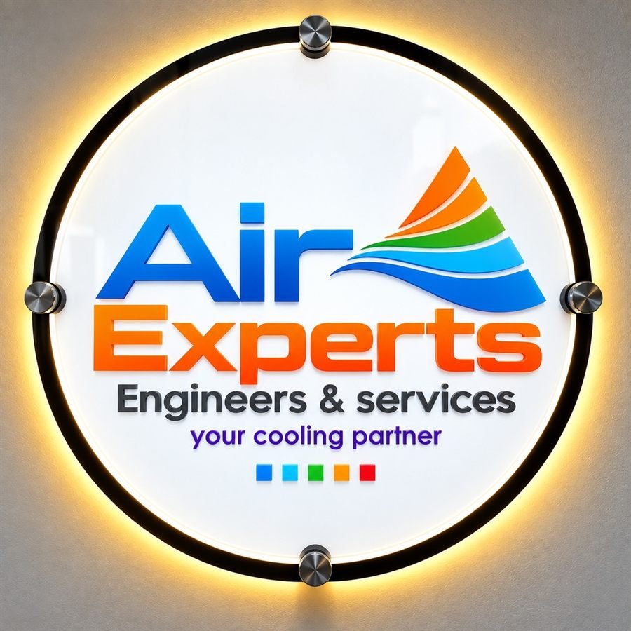 Backlit circular acrylic sign for Air Experts Engineers and Services with a full-colour raised logo