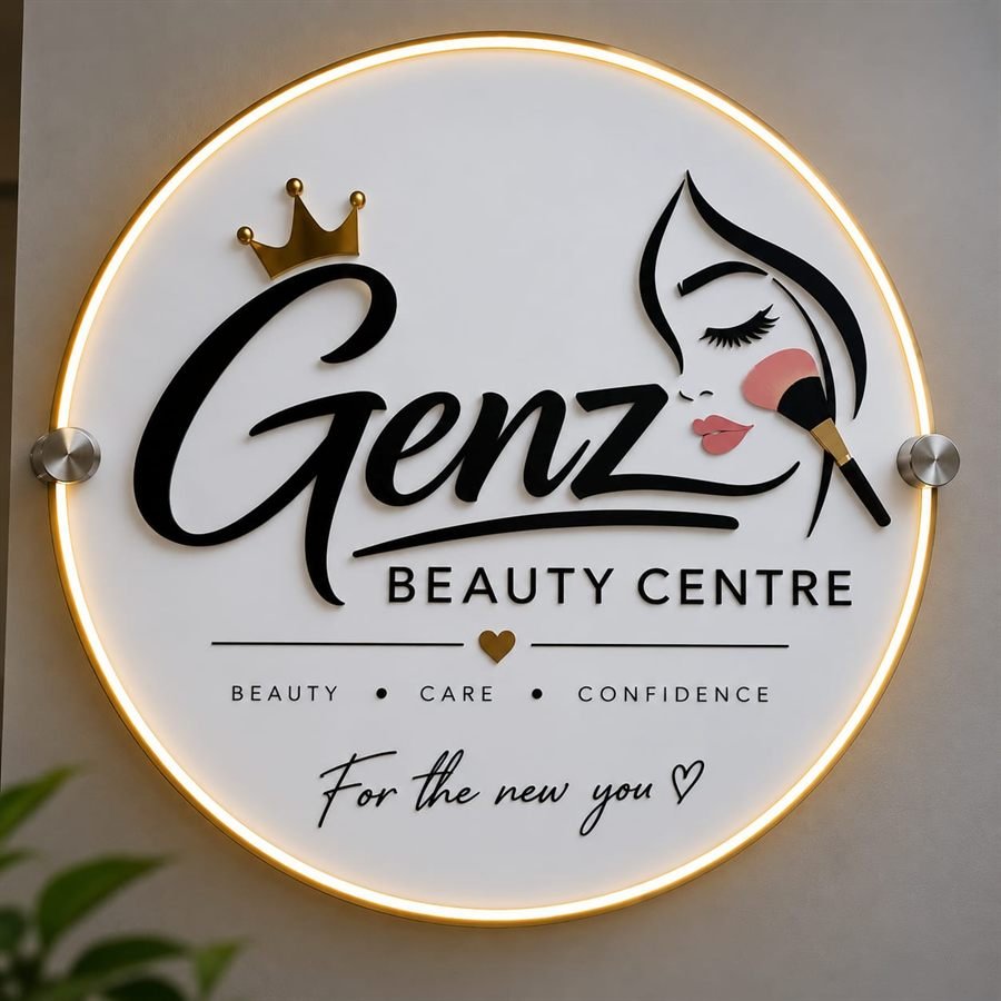 Storefront sign for Genz Beauty Centre, black acrylic script with a gold mirror crown on a warm backlit disc