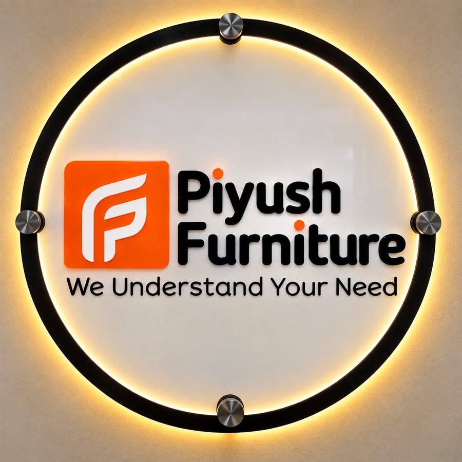Halo-lit circular acrylic sign for Piyush Furniture, black ring with warm white LED glow behind it