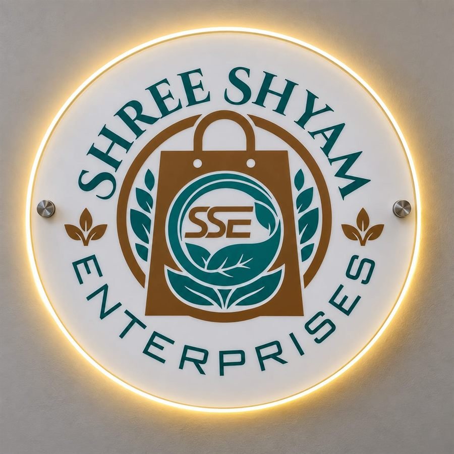 Circular halo-lit acrylic badge for Shree Shyam Enterprises in teal and bronze on white acrylic