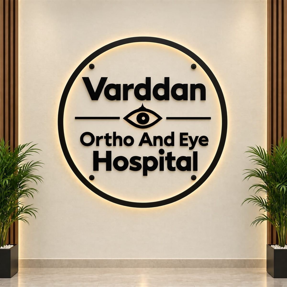 Halo-lit circular acrylic signboard for Varddan Ortho and Eye Hospital, black acrylic ring backlit with warm white LED on a reception wall